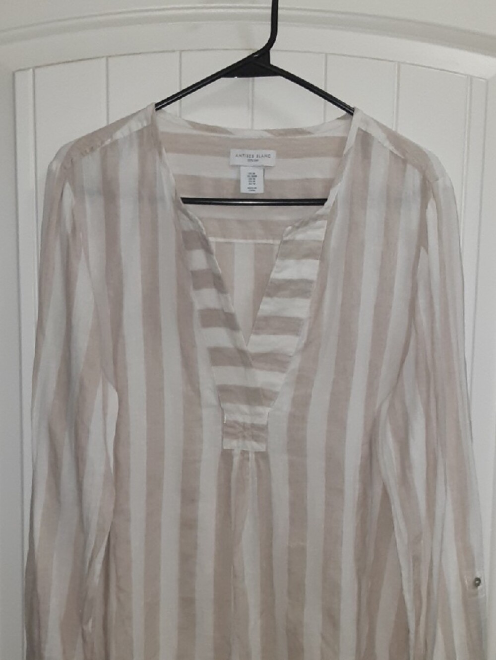 Antibes Blanc 100% Linen Striped Roll-Tab Tunic Top Blouse Beige Size M - Picture 7 of 10
